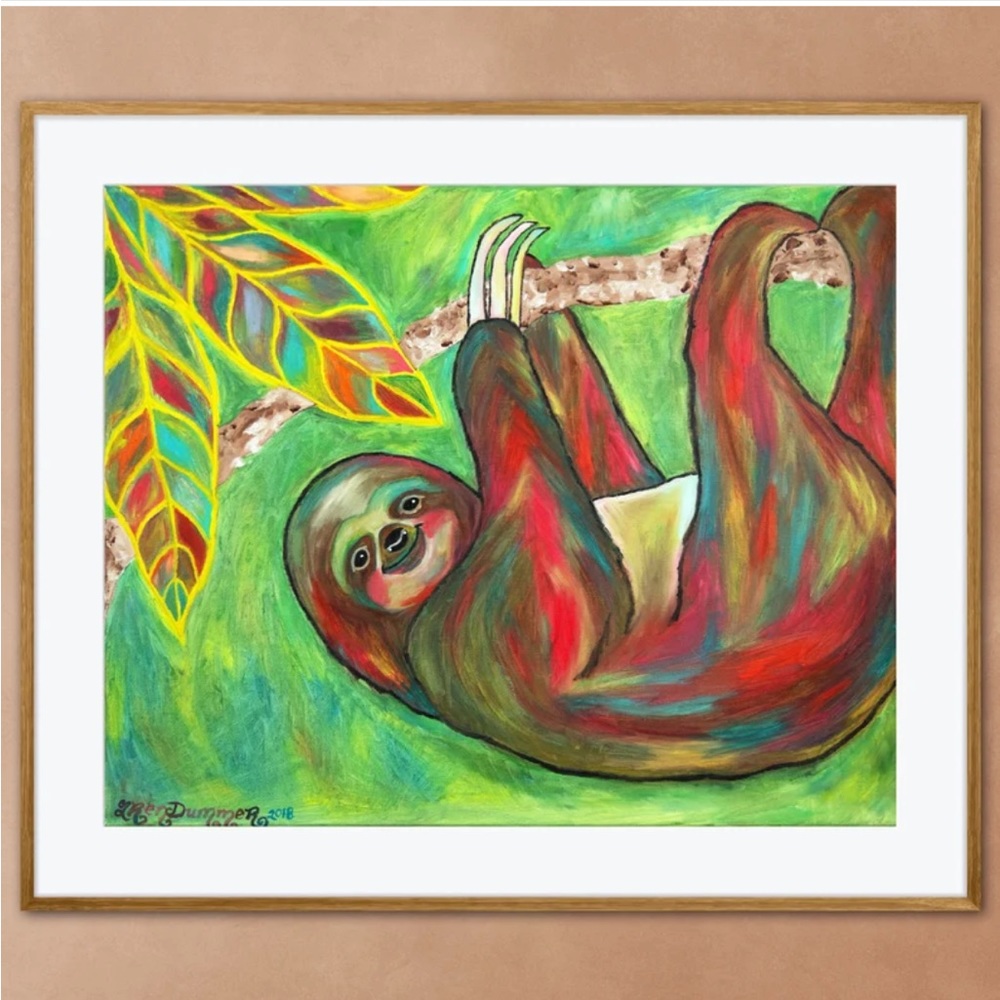 Whimsical Happy Sloth Art Print Oil Painting Tropical Rainforest Jungle Decor